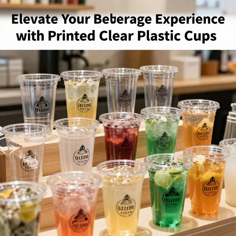A visually appealing arrangement of printed clear plastic cups, representing their use in the beverage industry.