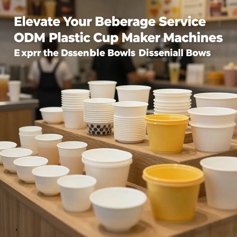 A colorful beverage shop scene filled with assorted disposable bowls and cups created using ODM plastic cup maker machines.