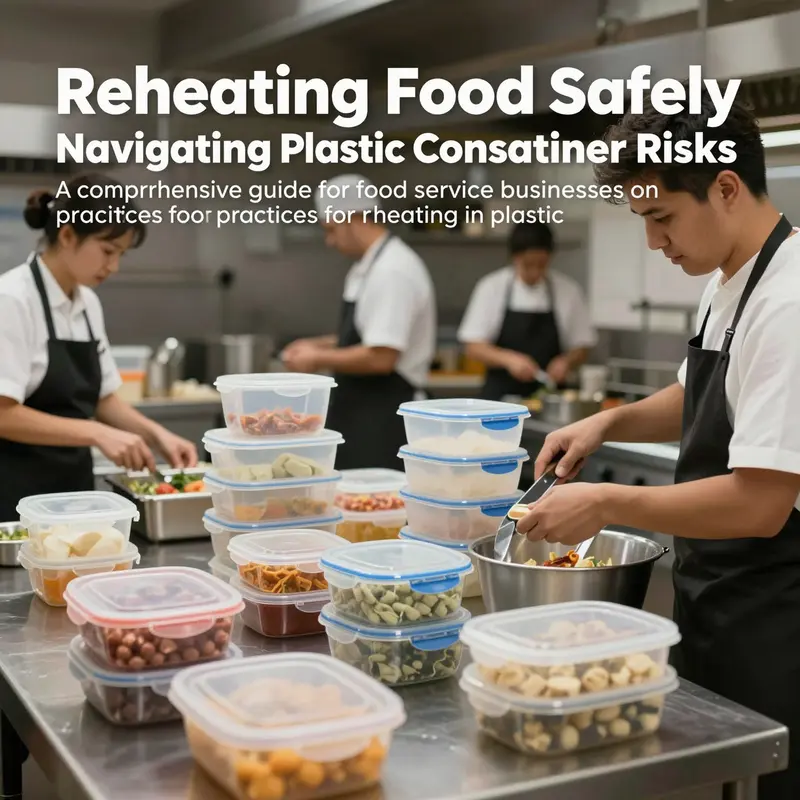Professionals in a commercial kitchen using safe practices for reheating food in plastic containers.
