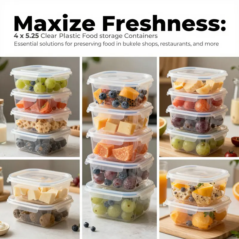 Collage showing diverse food ingredients in clear plastic food storage containers used in restaurants, food trucks, and catering services.