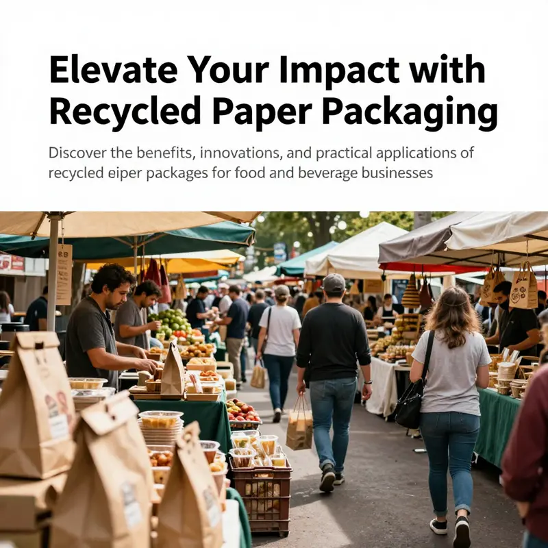 A lively food market filled with vendors using recycled paper packaging, promoting sustainability.