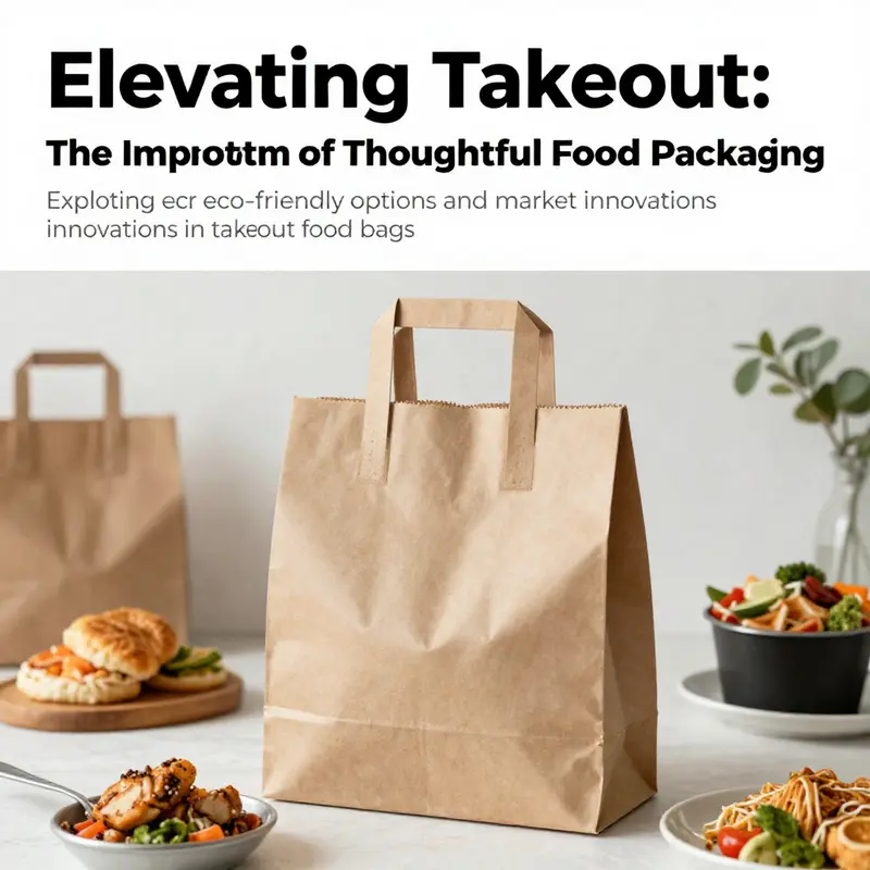 An attractive arrangement of various takeout food bags surrounded by delicious food items, highlighting sustainability in packaging.