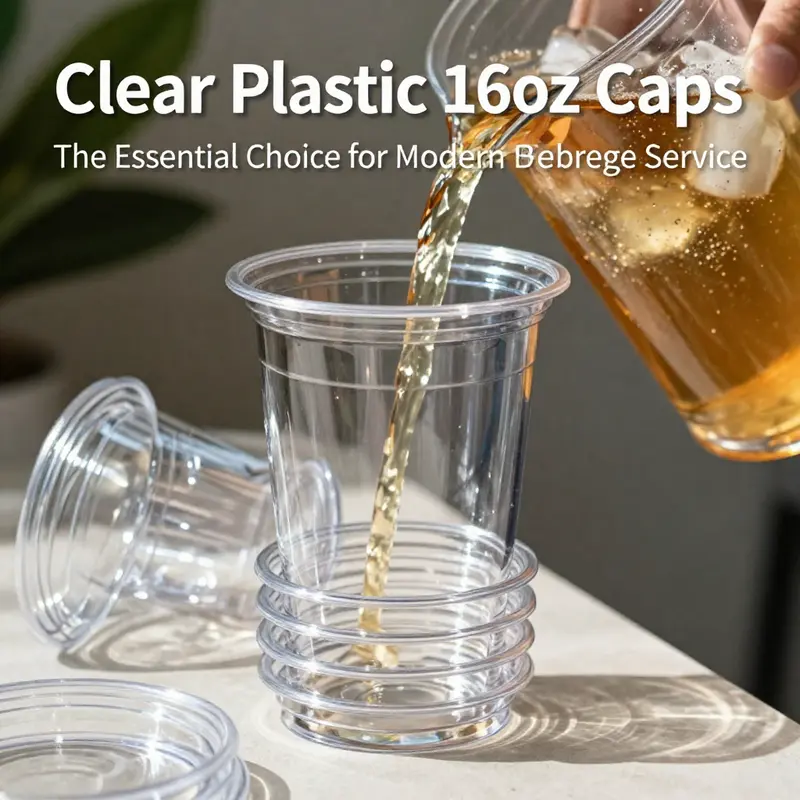 Clear plastic 16oz cups showcasing their clarity and capacity, perfect for cold beverages.