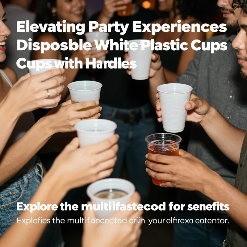 Party setting featuring individuals holding disposable white plastic cups with handles, enjoying a variety of drinks.