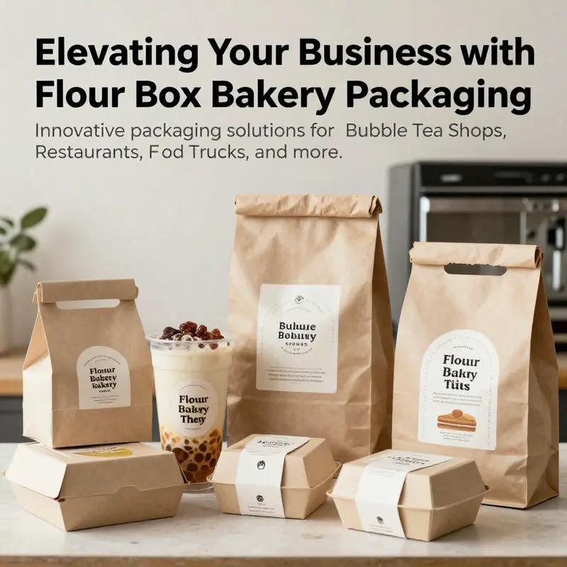 Diverse flour box bakery packaging in a professional food business environment.