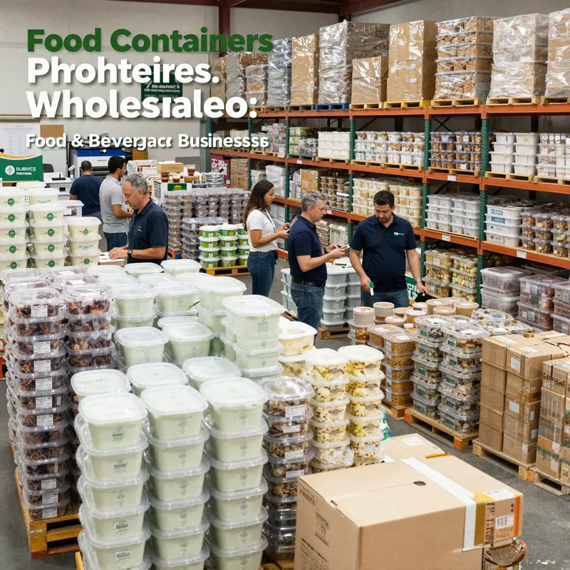 Warehouse interior with stacks of food-grade plastic containers, staff reviewing products, and sustainability signage in a modern Australian wholesale facility.