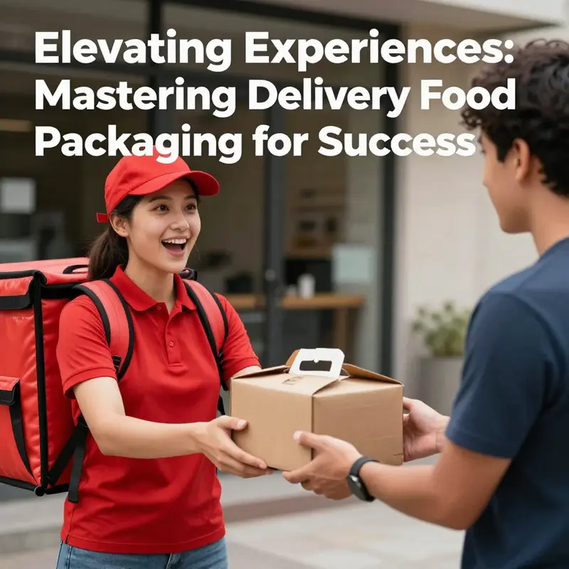 A delivery person delivering food in attractive packaging to a customer, representing the joy of food delivery.