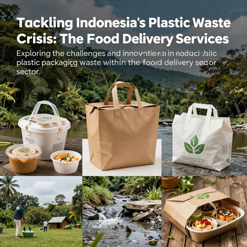 A visual representation contrasting sustainable food delivery packaging against polluted waterways and pristine landscapes.