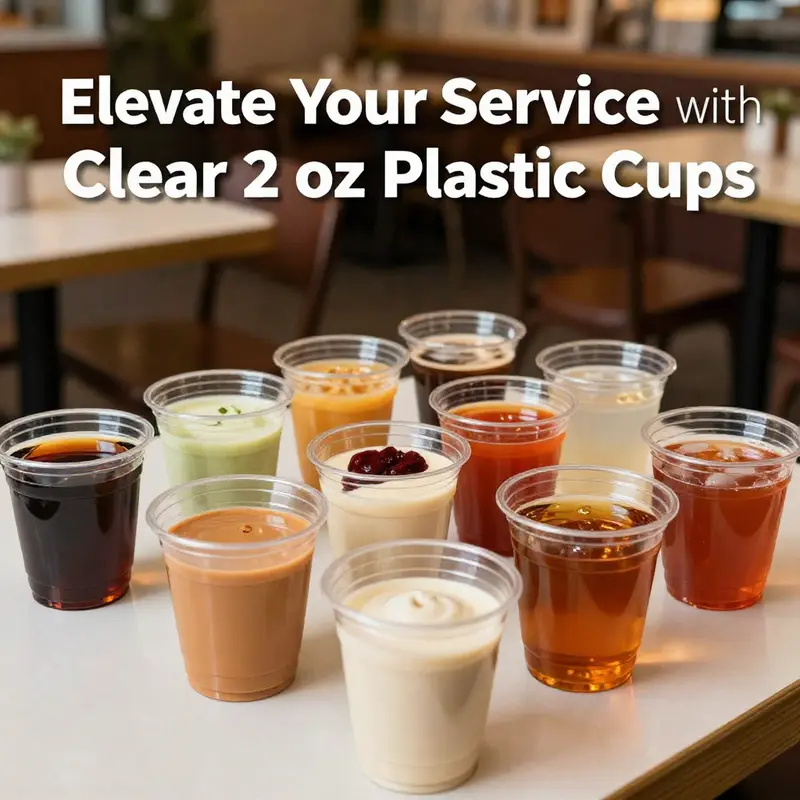 Showcasing clear 2 oz plastic cups filled with different food service items.