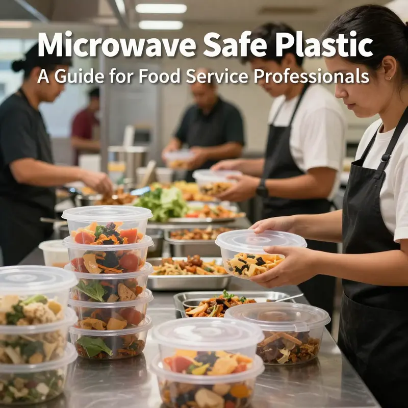 Dynamic food service environment with staff preparing food and safely using plastic containers.