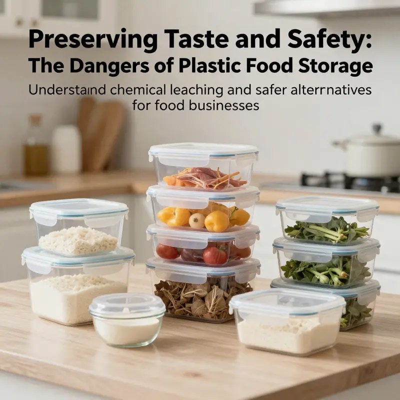 Image showing a clean kitchen with various types of food storage containers emphasizing safety and organization.