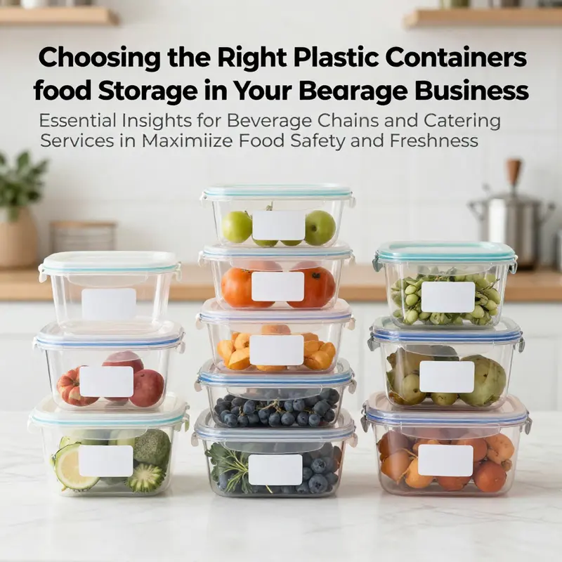 An assortment of clear plastic containers and labels set in a visually appealing kitchen, exemplifying effective food storage solutions.