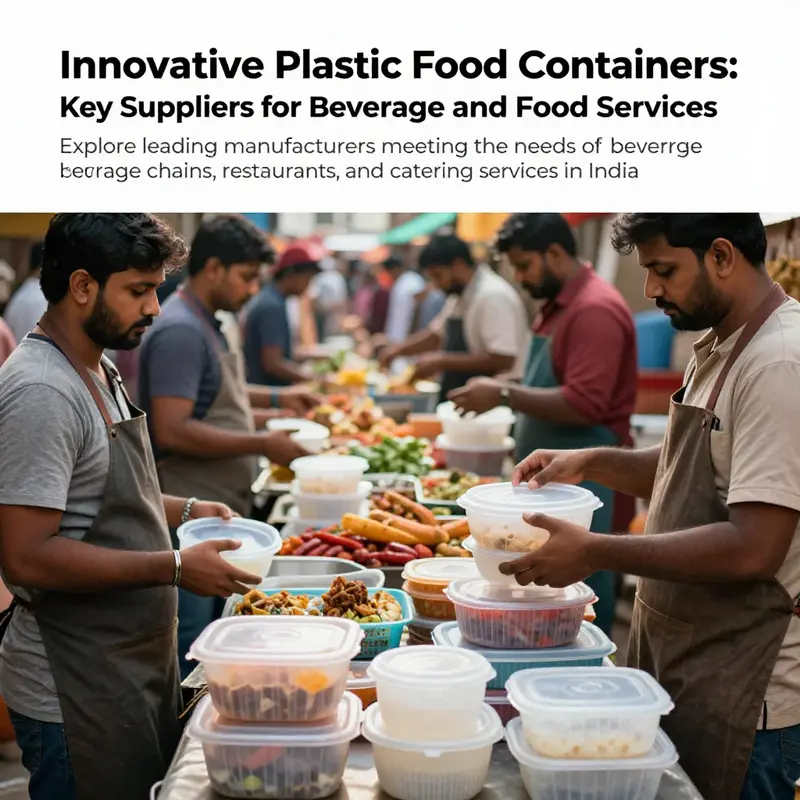 A lively market scene with food vendors using diverse plastic food containers for serving food.