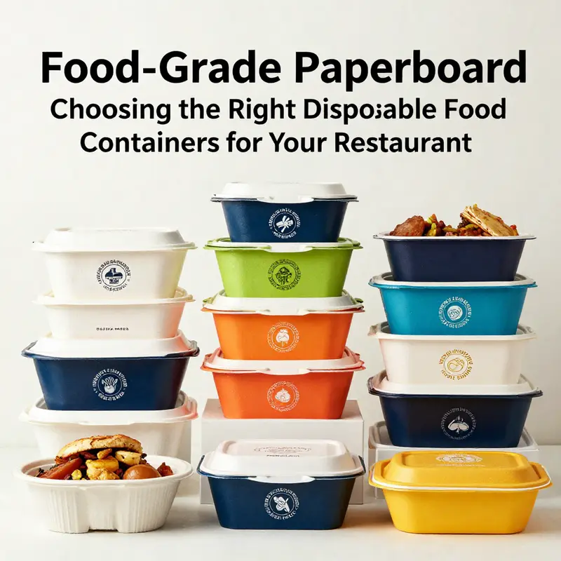 Variety of food-grade paperboard containers showcased with delicious food options.