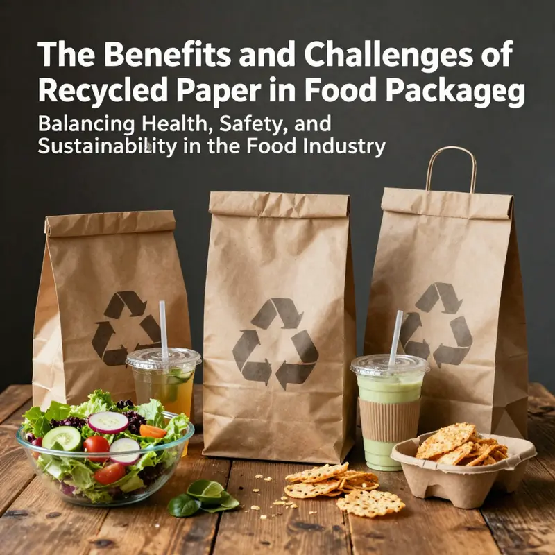 Various forms of food packaging made from recycled paper surrounding fresh foods on a rustic table.