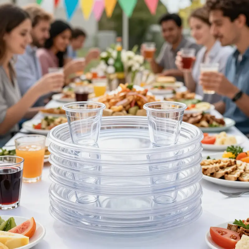 Clear plastic plates with cup holders in use at a vibrant outdoor event, highlighting their practicality.
