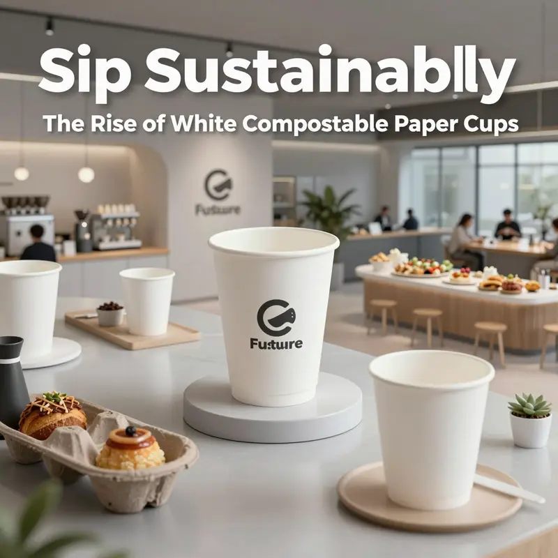 White compostable paper cups showcased in a natural setting, emphasizing their environmentally friendly design.