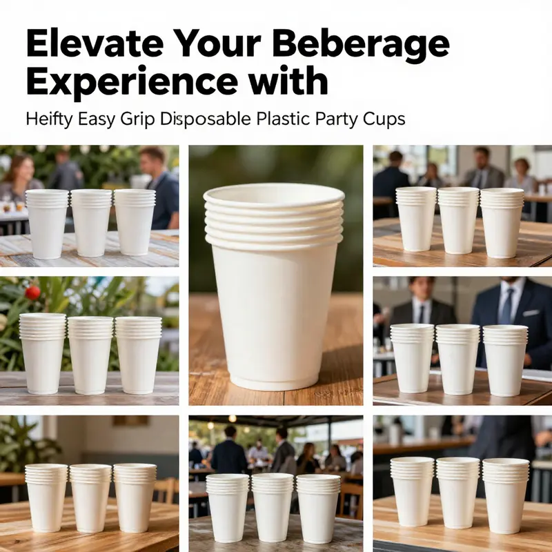 Various Hefty Easy Grip Disposable Plastic Party Cups displayed in different event settings, showcasing their versatility.