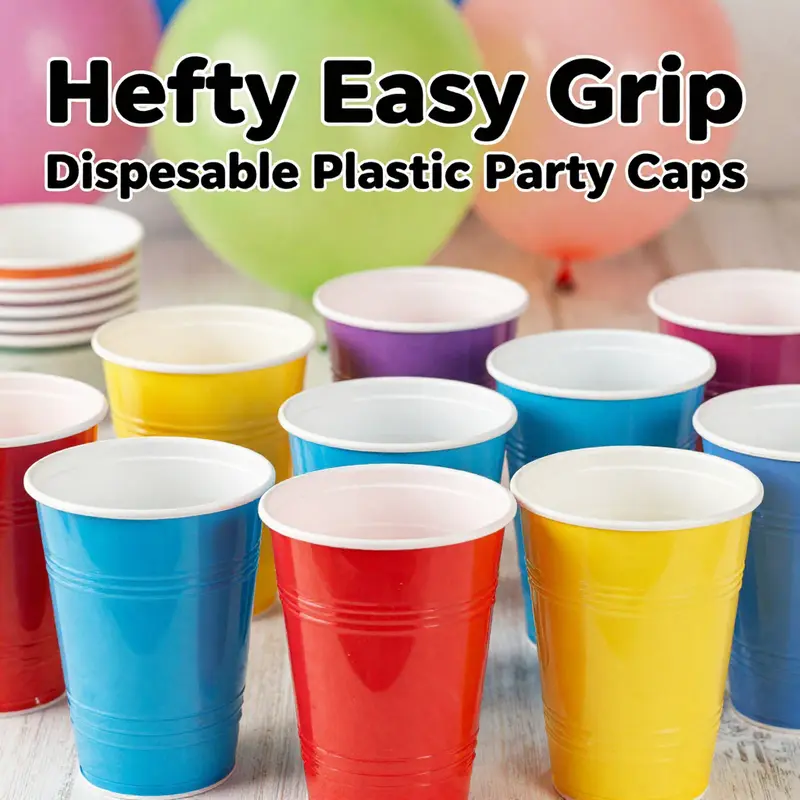 The durable, anti-slip design of Hefty Easy Grip Disposable Plastic Party Cups.