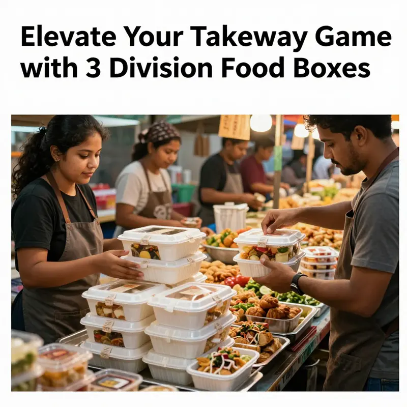 Vibrant food market scene featuring various takeaway food boxes with windows being utilized by vendors.