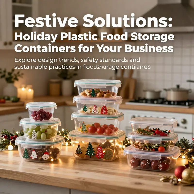 Cheerful holiday food storage containers displayed in a decorated kitchen.