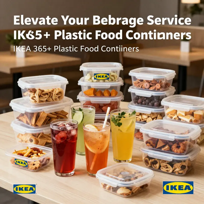 Beautifully arranged IKEA 365+ plastic food containers filled with vibrant beverages and snacks in a restaurant.