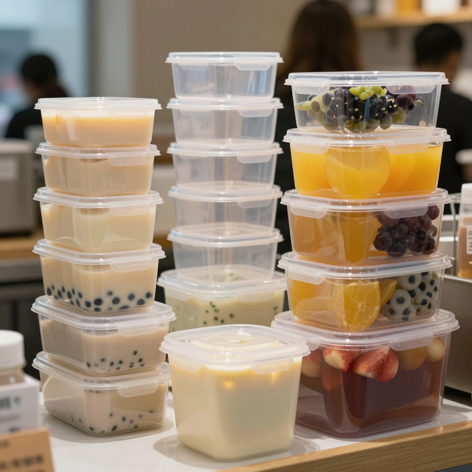 A modern bubble tea shop showcasing a variety of plastic commercial food storage containers on display. The scene illustrates beverages like smoothies and juices stored in clear, stackable containers, emphasizing cleanliness and efficiency in food safety.