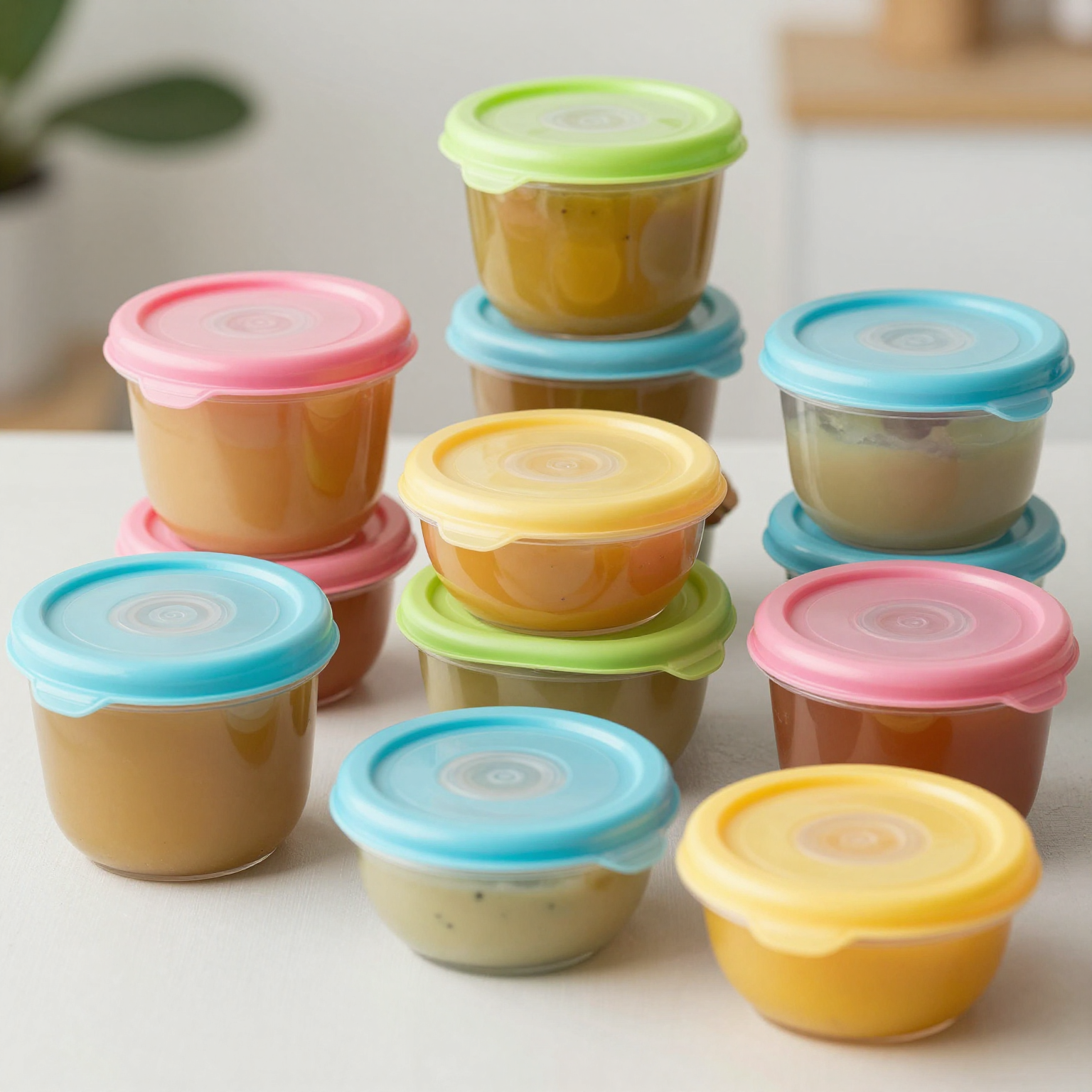 An assortment of plastic hinged baby food containers showcasing different styles and sizes.