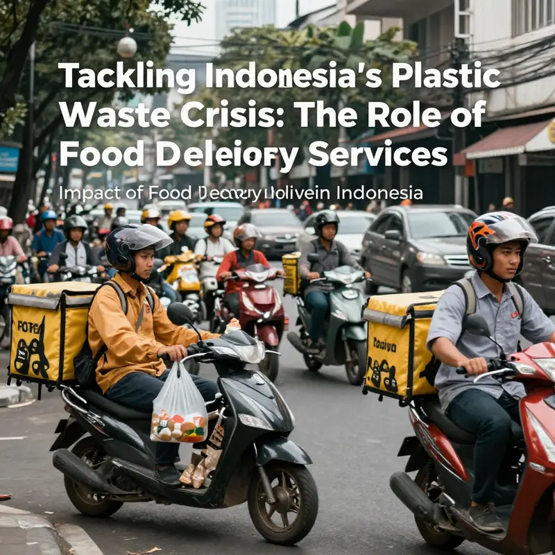 Food delivery riders navigating the streets of Indonesia, highlighting the widespread use of plastic packaging.