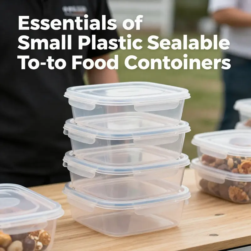 An array of small plastic sealable to-go food containers in diverse shapes and sizes.
