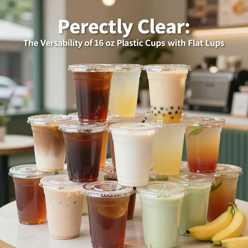 An assortment of 16 oz clear plastic cups showcasing their versatility with various cold beverages.
