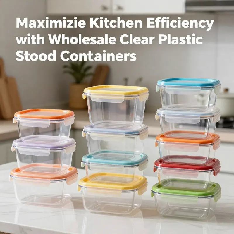 A diverse selection of clear plastic food storage containers highlighting their visibility and organization potential for food businesses.