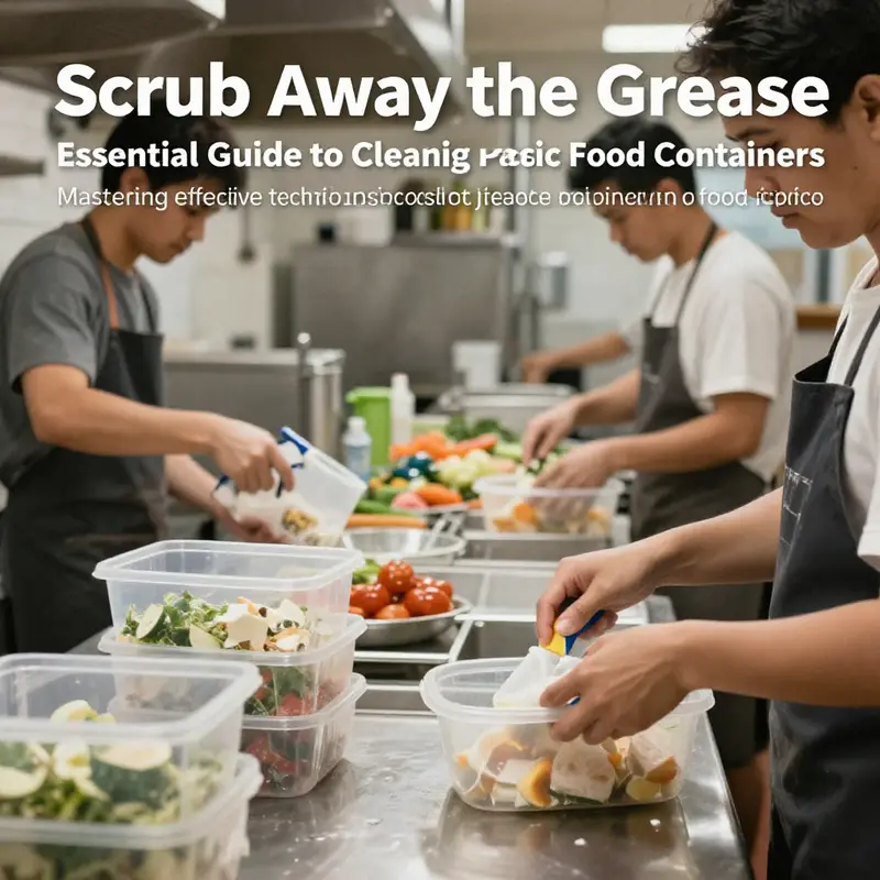 A busy kitchen with staff members cleaning plastic food containers, showcasing effective food service hygiene practices.
