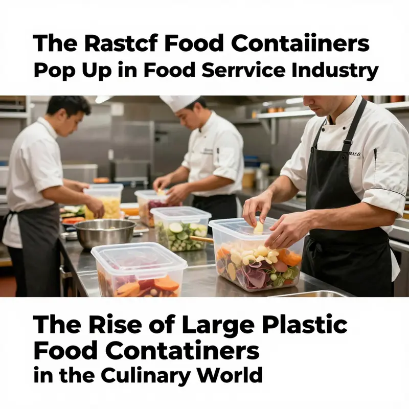Chefs efficiently utilize large plastic food containers to streamline food preparation in a bustling kitchen environment.