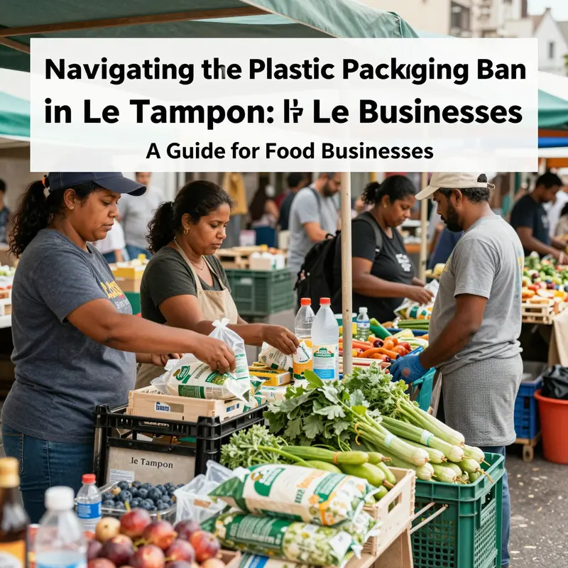 A lively street market in Le Tampon with vendors and shoppers engaged in using eco-friendly food packaging.