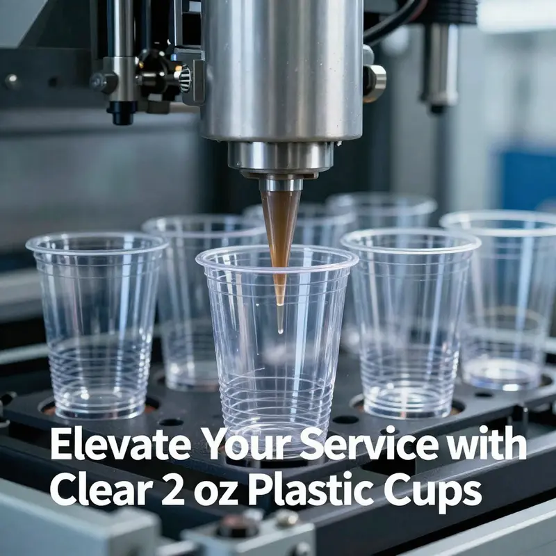 Showcasing clear 2 oz plastic cups filled with different food service items.