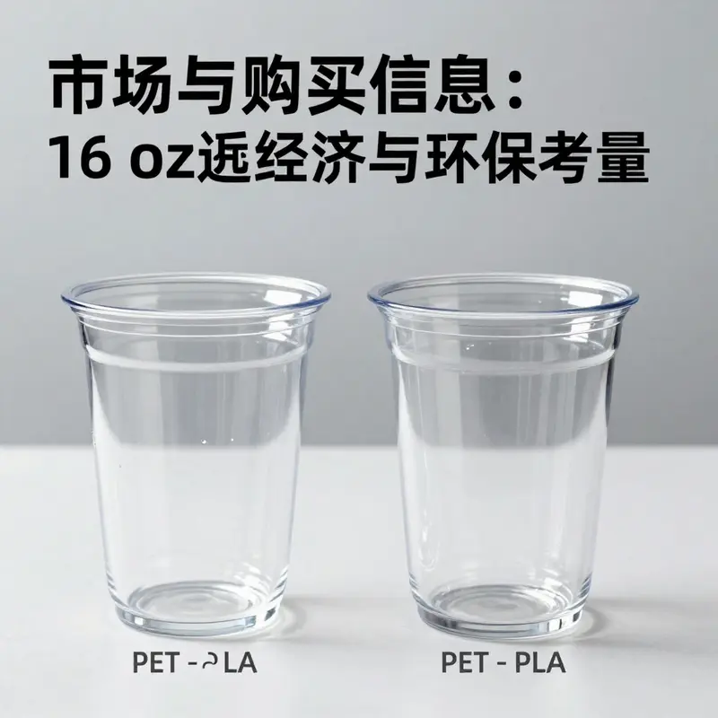 Different materials used for 16 oz clear plastic cups, including PET and PLA.