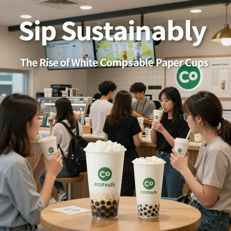 White compostable paper cups showcased in a natural setting, emphasizing their environmentally friendly design.