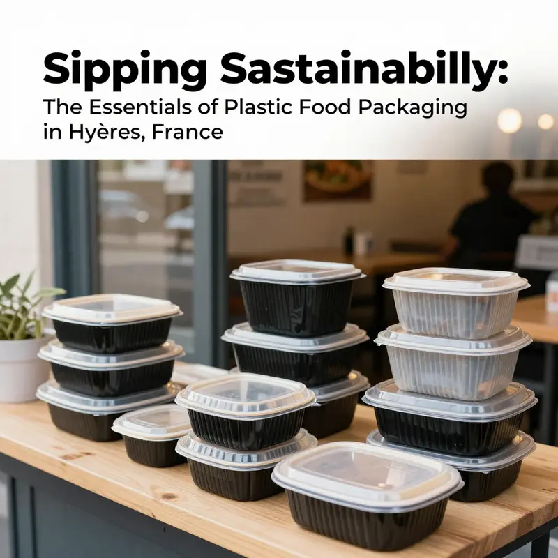 A variety of industrial-grade plastic food containers commonly used by restaurants and beverage shops in Hyères, France.