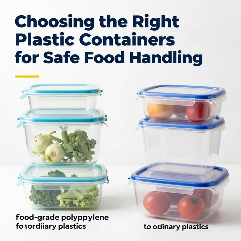 An arrangement of certified plastic food containers emphasizing their safety standards for food handling.