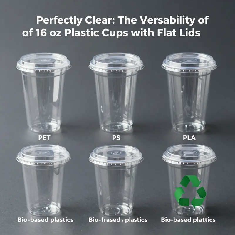 An assortment of 16 oz clear plastic cups showcasing their versatility with various cold beverages.