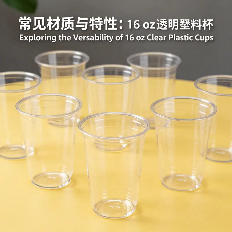 Different materials used for 16 oz clear plastic cups, including PET and PLA.