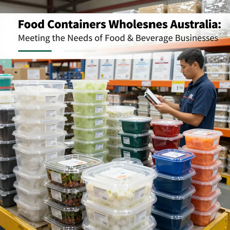 Various food-grade containers certified to Australian standards showcased at a wholesale warehouse.