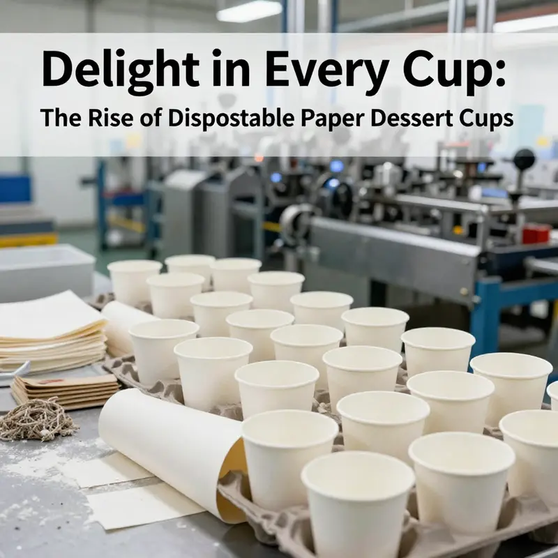 Visual representation of materials used and the manufacturing process of disposable paper dessert cups.