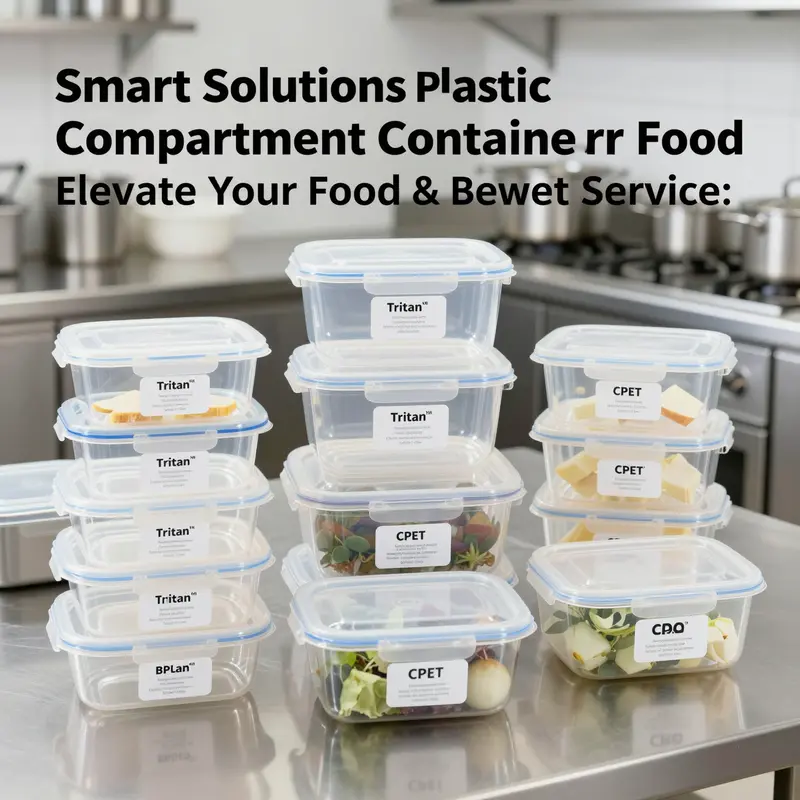 Food-grade plastic compartment containers showcasing material types and safety certifications.