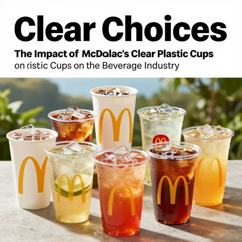 A colorful display of McDonald's clear plastic cups filled with iced drinks, set in a natural outdoor setting.