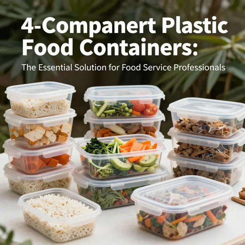 4-compartment plastic food containers arranged for meal prep and catering, showcasing the versatility in food organization.
