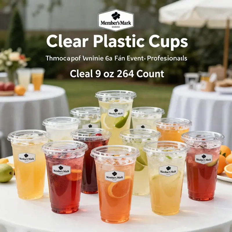 A collection of Member’s Mark Clear Plastic Cups, perfect for showcasing vibrant drinks at any event.