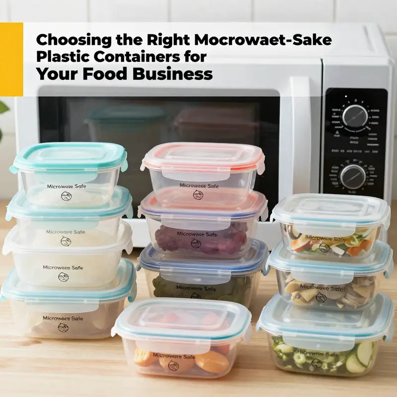 Diverse microwave-safe plastic containers labeled for safe food storage.