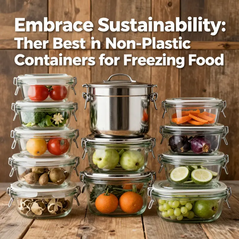Various non-plastic containers filled with fresh ingredients on a rustic wooden background, representing health and sustainability.